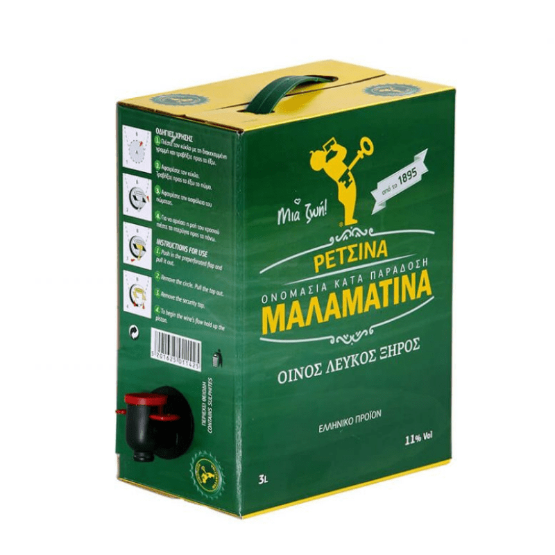 Malamatina Retsina Bag in Box (3l) von Malamatina bei Araxxon  - Hochwertiges griechisches Produkt.   Malamatina Retsina Bag in Box (3l) από Malamatina στο Araxxon  - Αυθεντικό ελληνικό προϊόν.